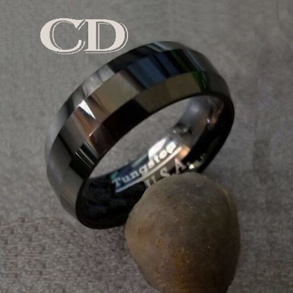 Men's Real Black Tungsten Wedding Ring  - Black Wedding Band For Guys Step Edges - Picture 1 of 5